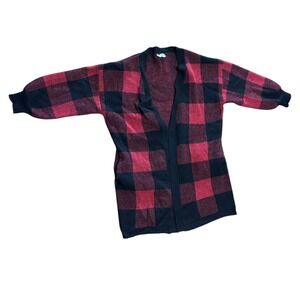 Time and Tru Red Black Buffalo Plaid Knit Long Cardigan Sweater Women's XL